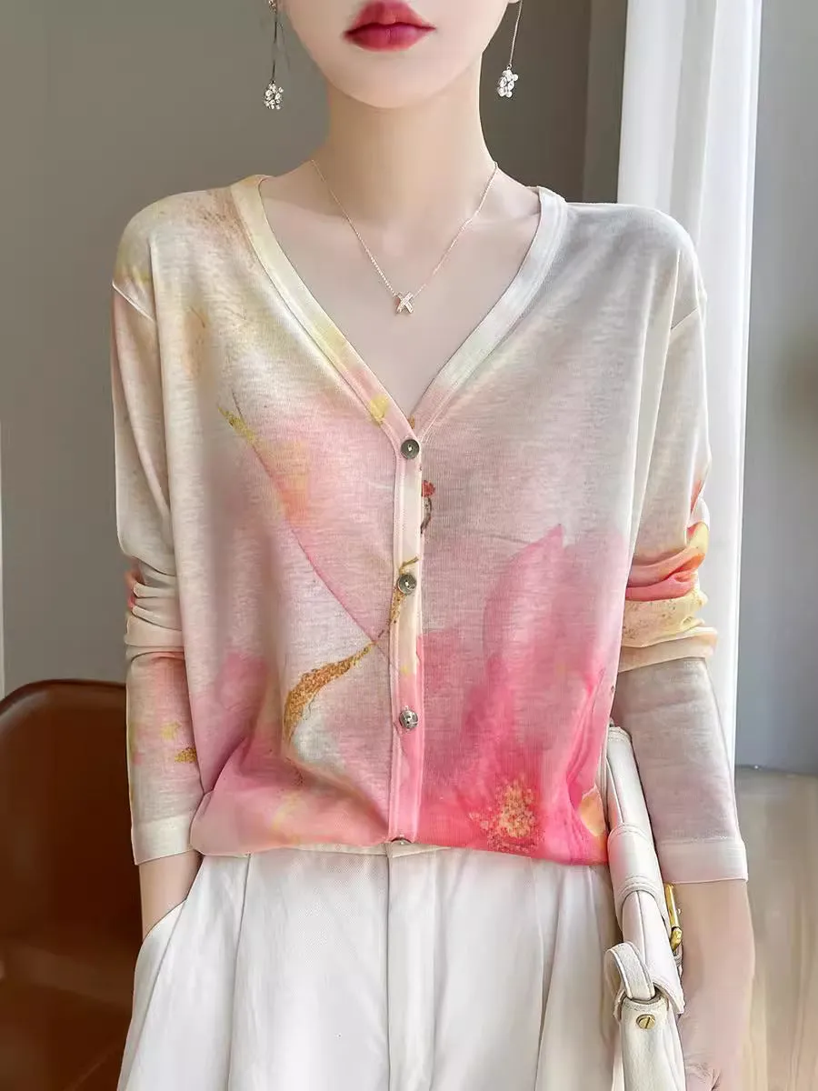 Women Spring Casual Flower V-Neck Shirt