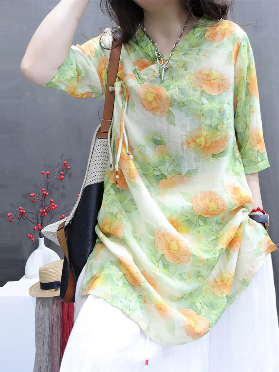 Women Spring Vintage Flower V-Neck 100%Ramie Shirt