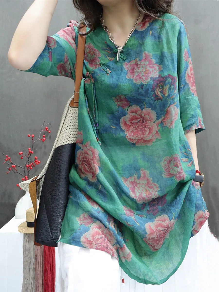 Women Spring Vintage Flower V-Neck 100%Ramie Shirt