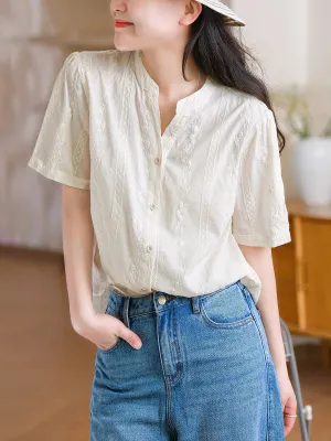 Women Summer Artsy Embroidery V-Neck 100%Cotton Shirt