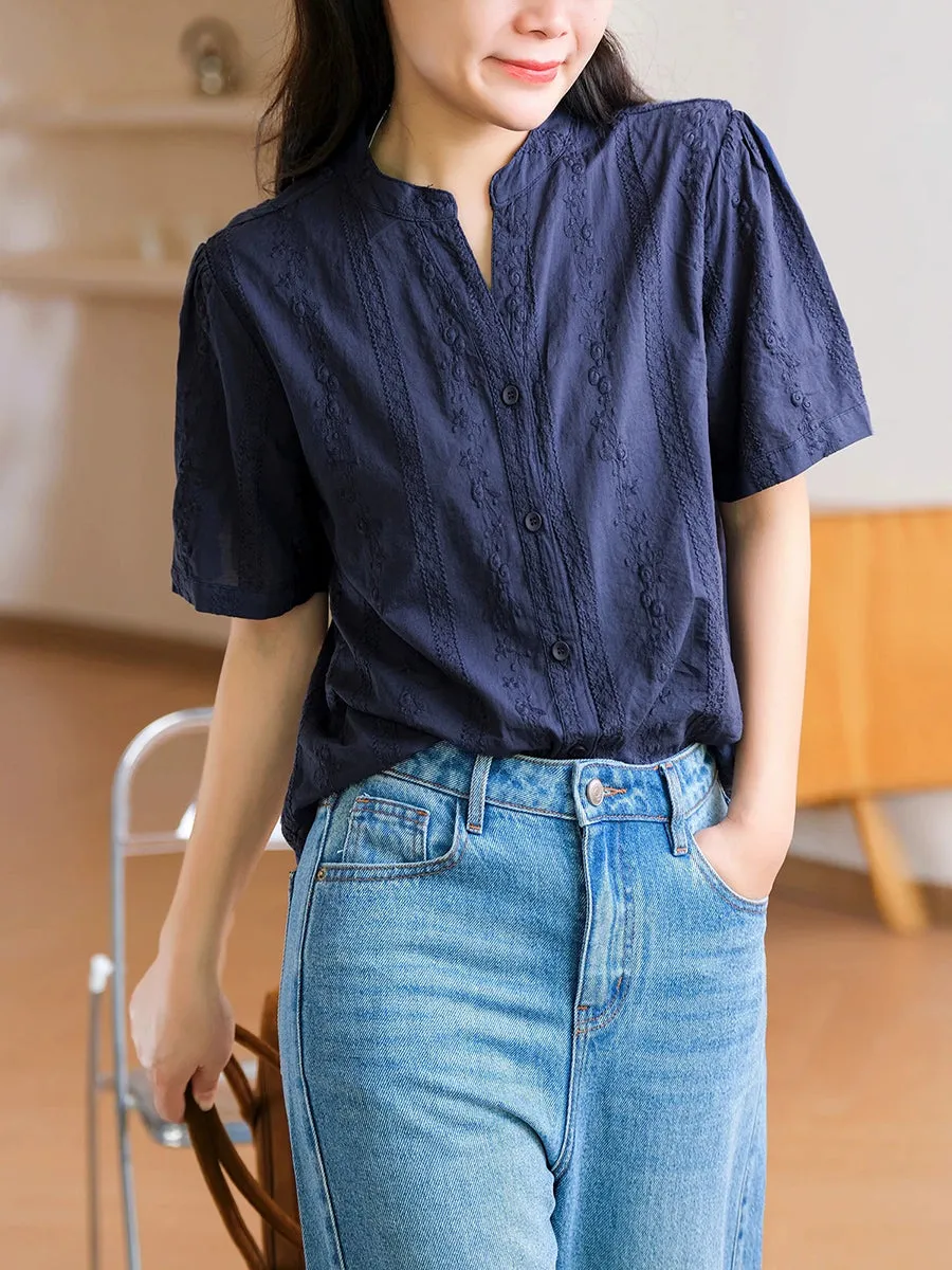 Women Summer Artsy Embroidery V-Neck 100%Cotton Shirt