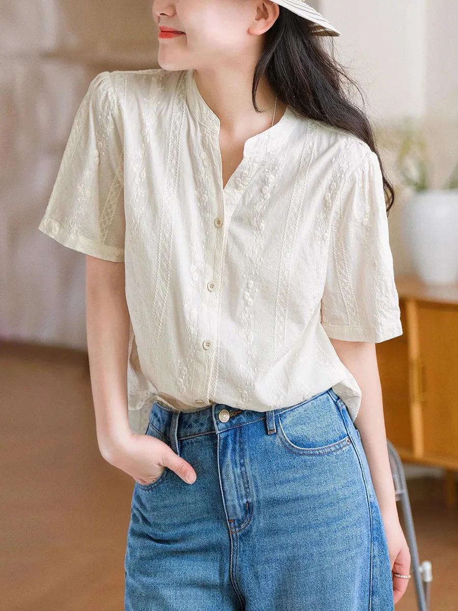 Women Summer Artsy Embroidery V-Neck 100%Cotton Shirt
