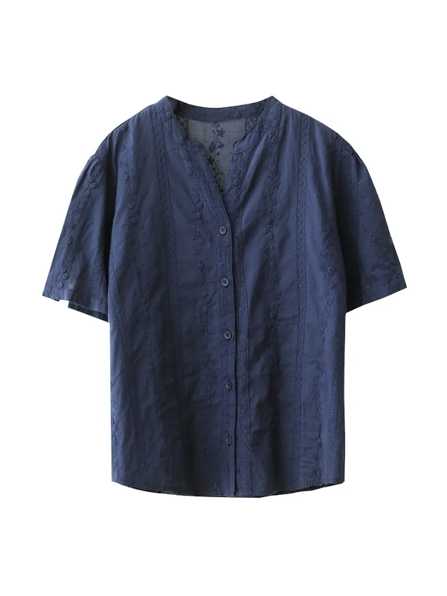 Women Summer Artsy Embroidery V-Neck 100%Cotton Shirt