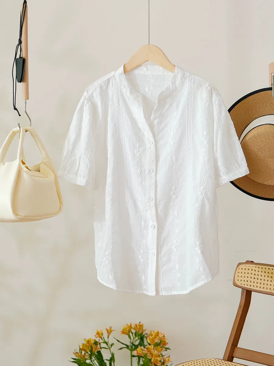 Women Summer Artsy Embroidery V-Neck 100%Cotton Shirt