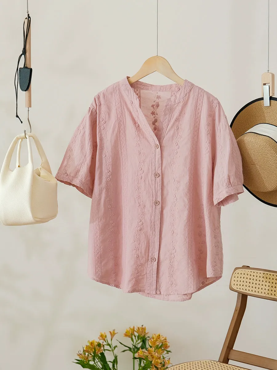 Women Summer Artsy Embroidery V-Neck 100%Cotton Shirt