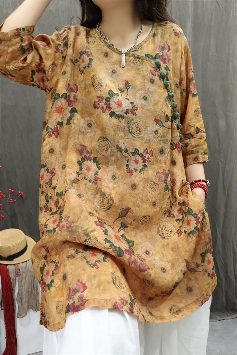 Women Summer Artsy V-Neck Flower 100%Ramie Shirt