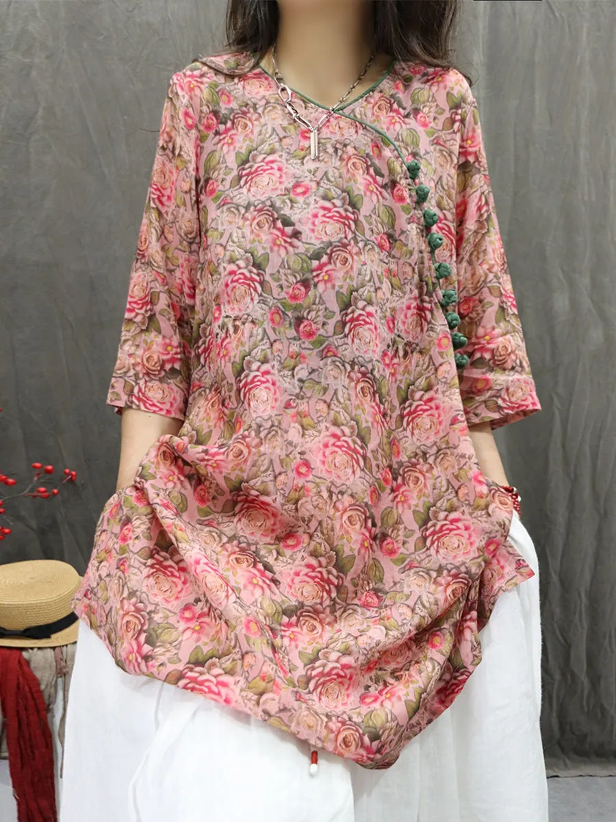 Women Summer Artsy V-Neck Flower 100%Ramie Shirt