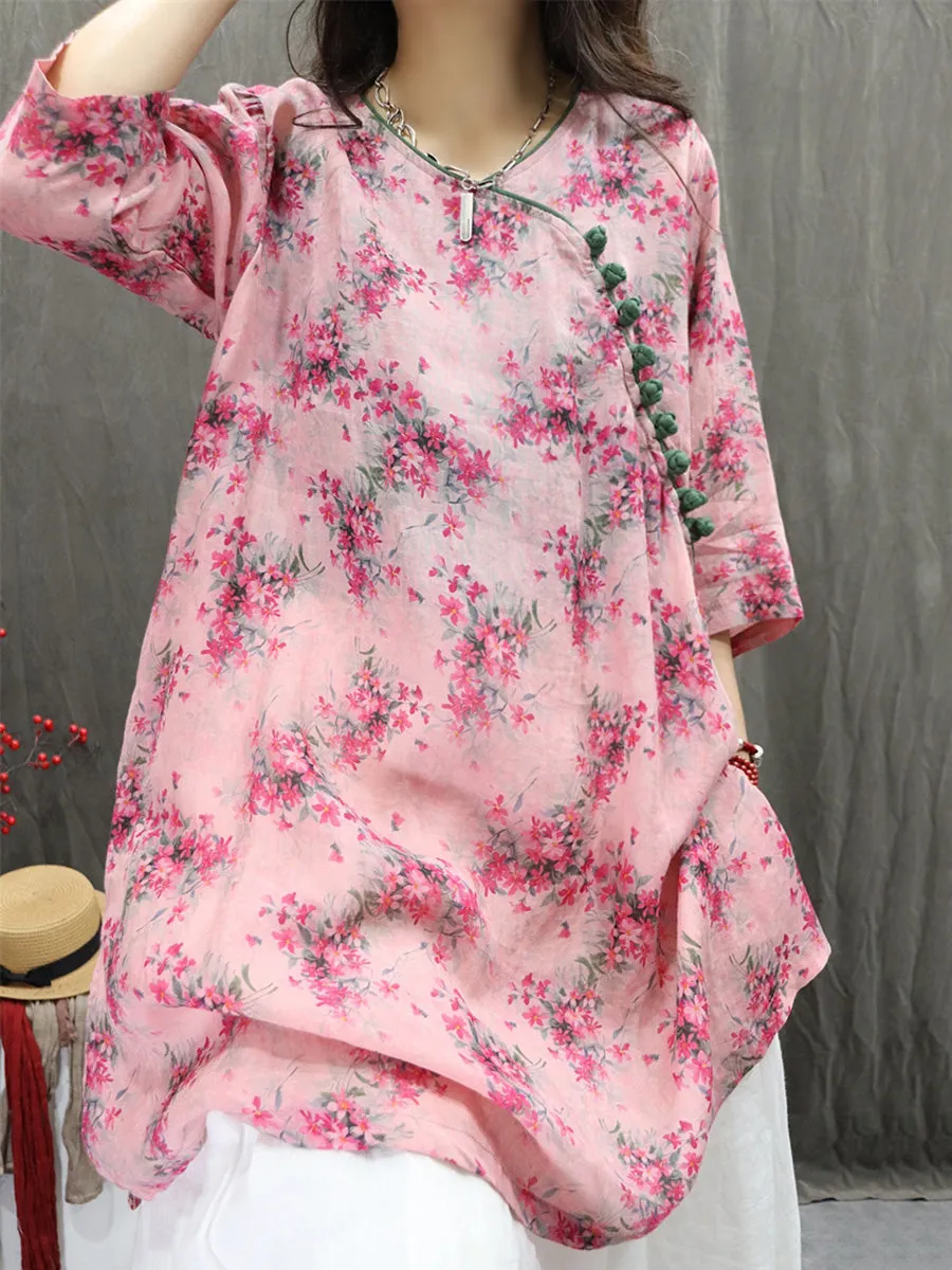 Women Summer Artsy V-Neck Flower 100%Ramie Shirt