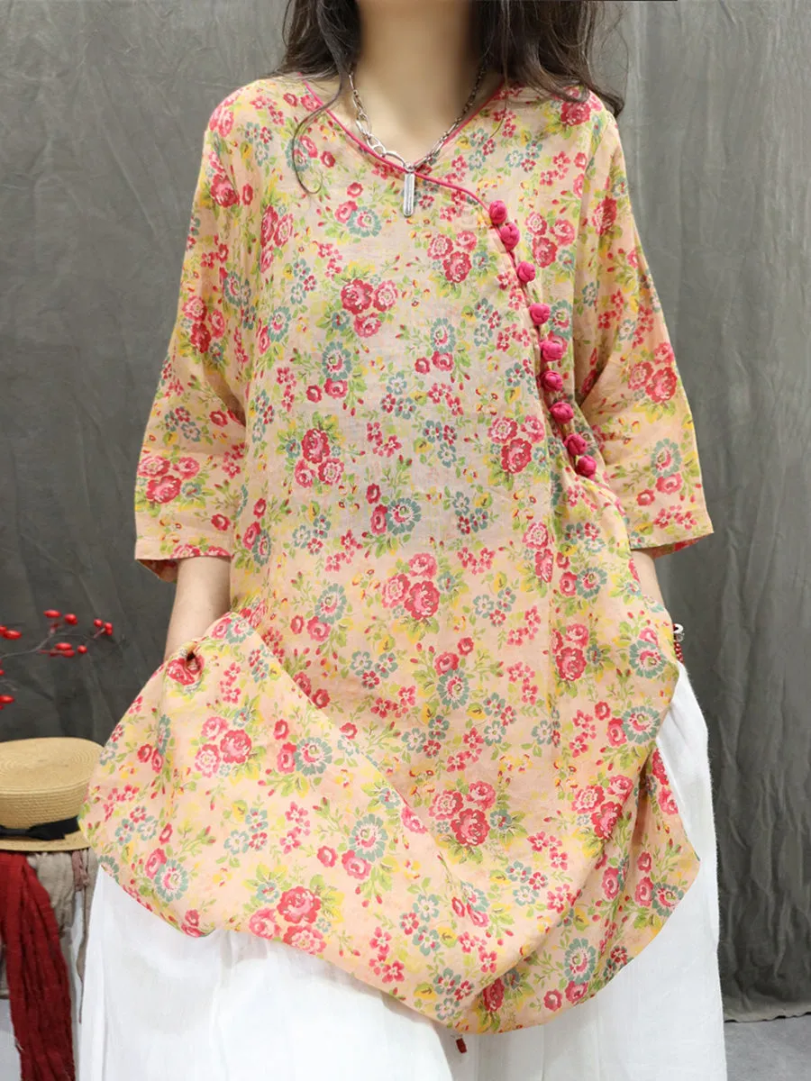 Women Summer Artsy V-Neck Flower 100%Ramie Shirt