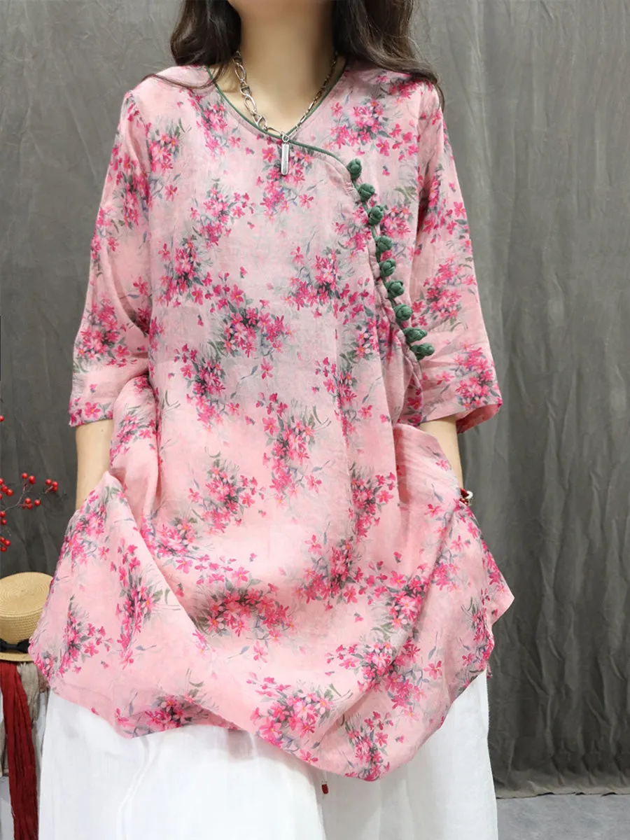 Women Summer Artsy V-Neck Flower 100%Ramie Shirt