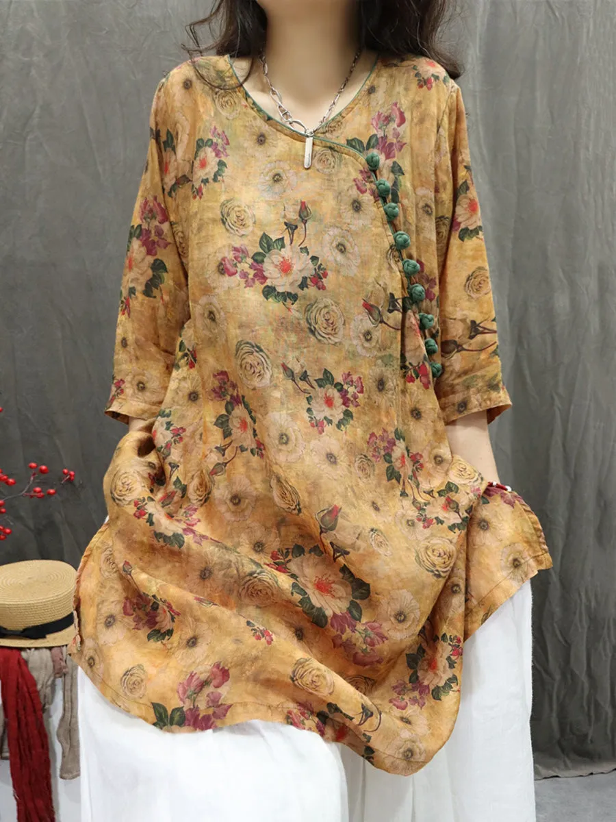 Women Summer Artsy V-Neck Flower 100%Ramie Shirt