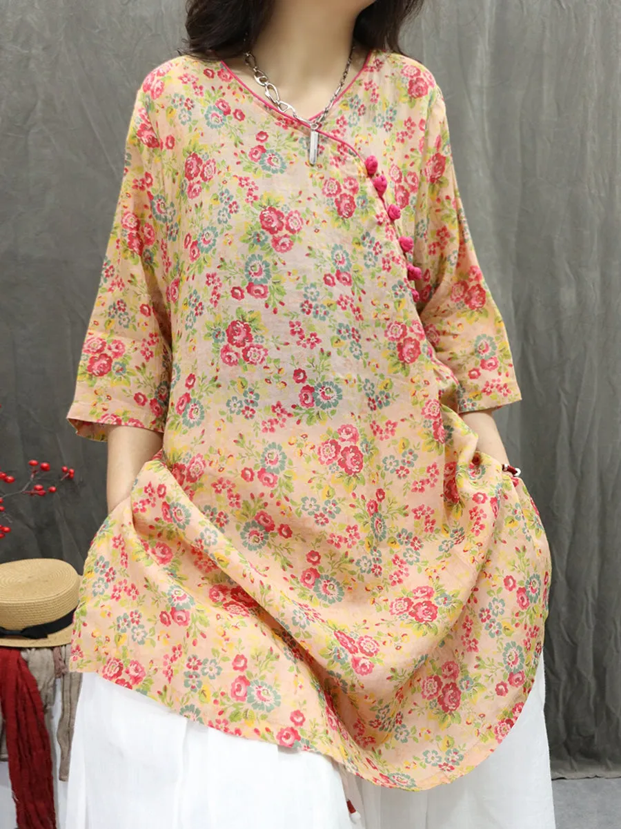 Women Summer Artsy V-Neck Flower 100%Ramie Shirt