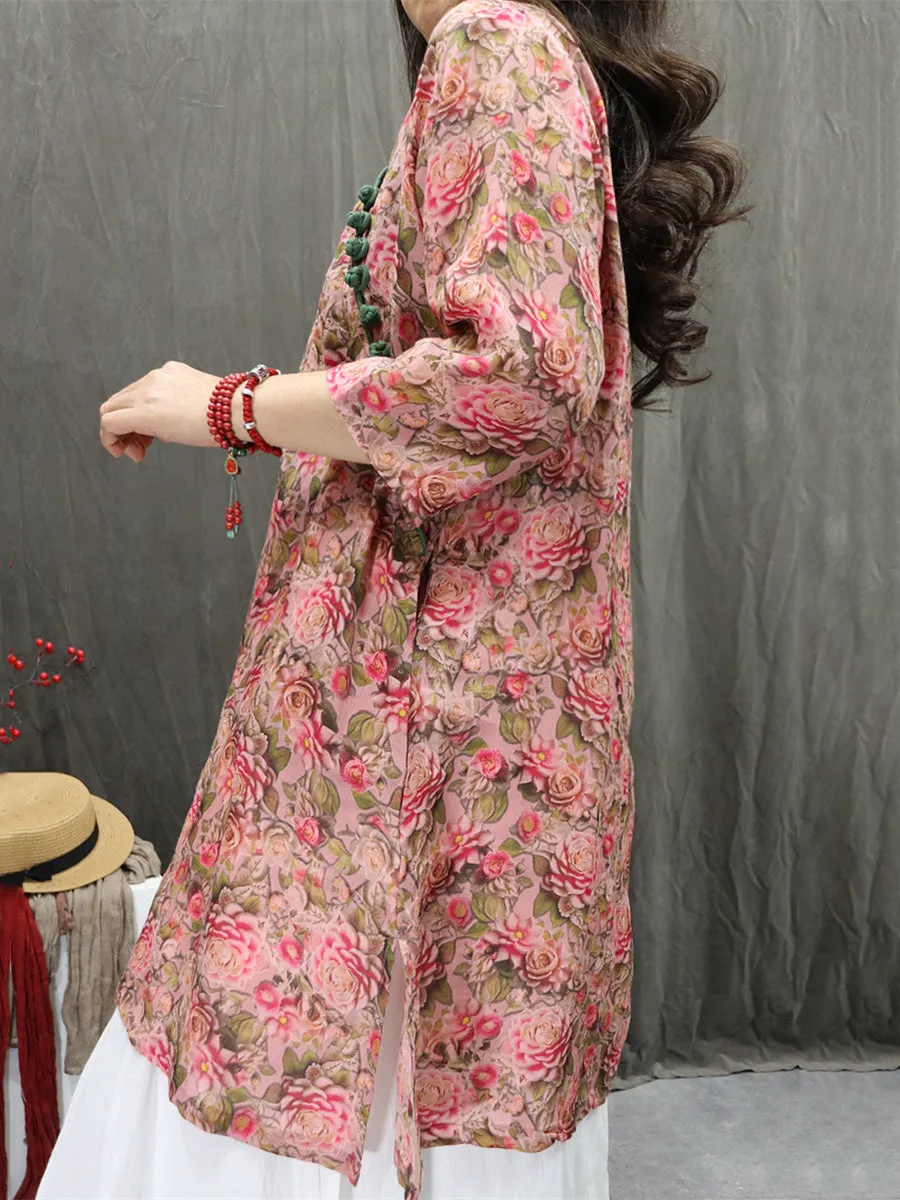 Women Summer Artsy V-Neck Flower 100%Ramie Shirt