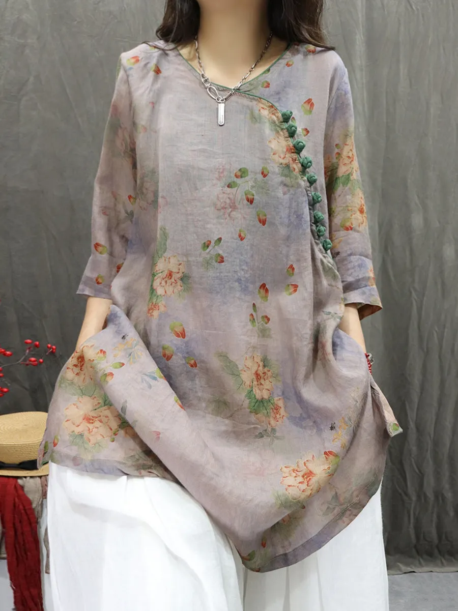 Women Summer Artsy V-Neck Flower 100%Ramie Shirt