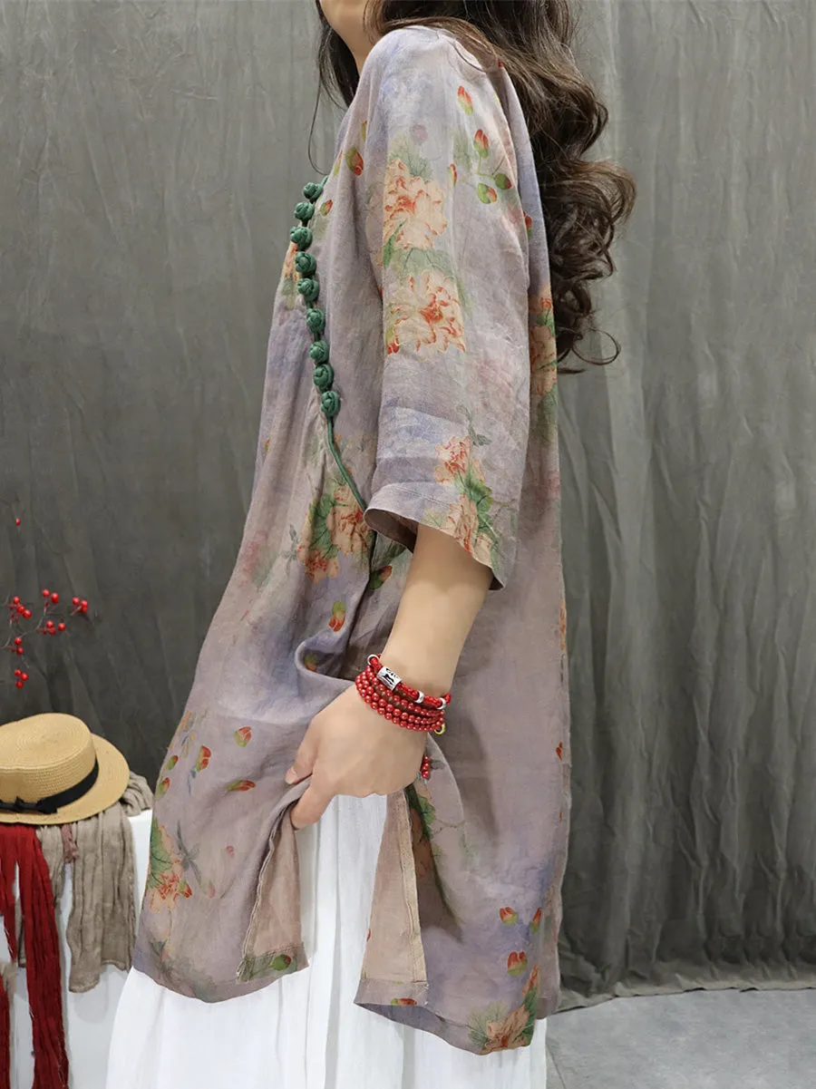 Women Summer Artsy V-Neck Flower 100%Ramie Shirt