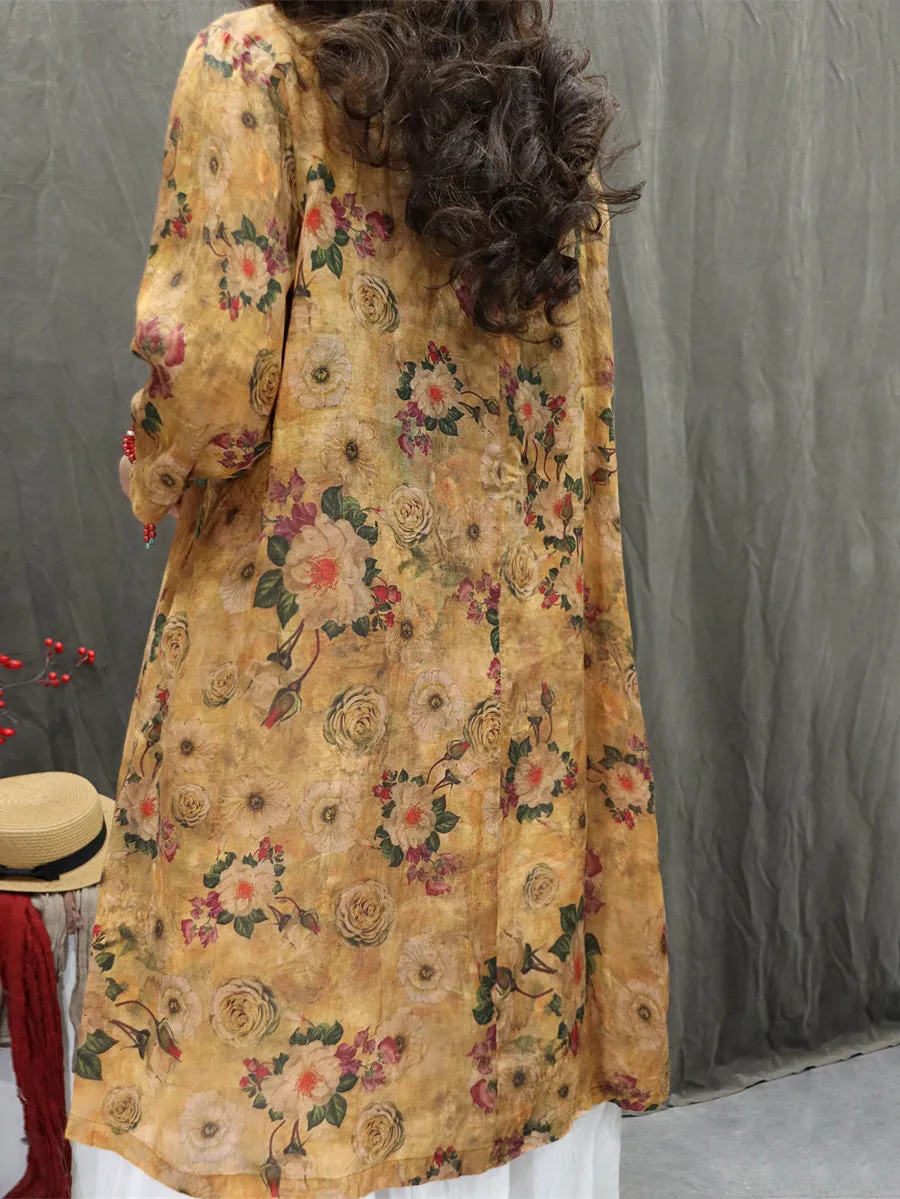Women Summer Artsy V-Neck Flower 100%Ramie Shirt