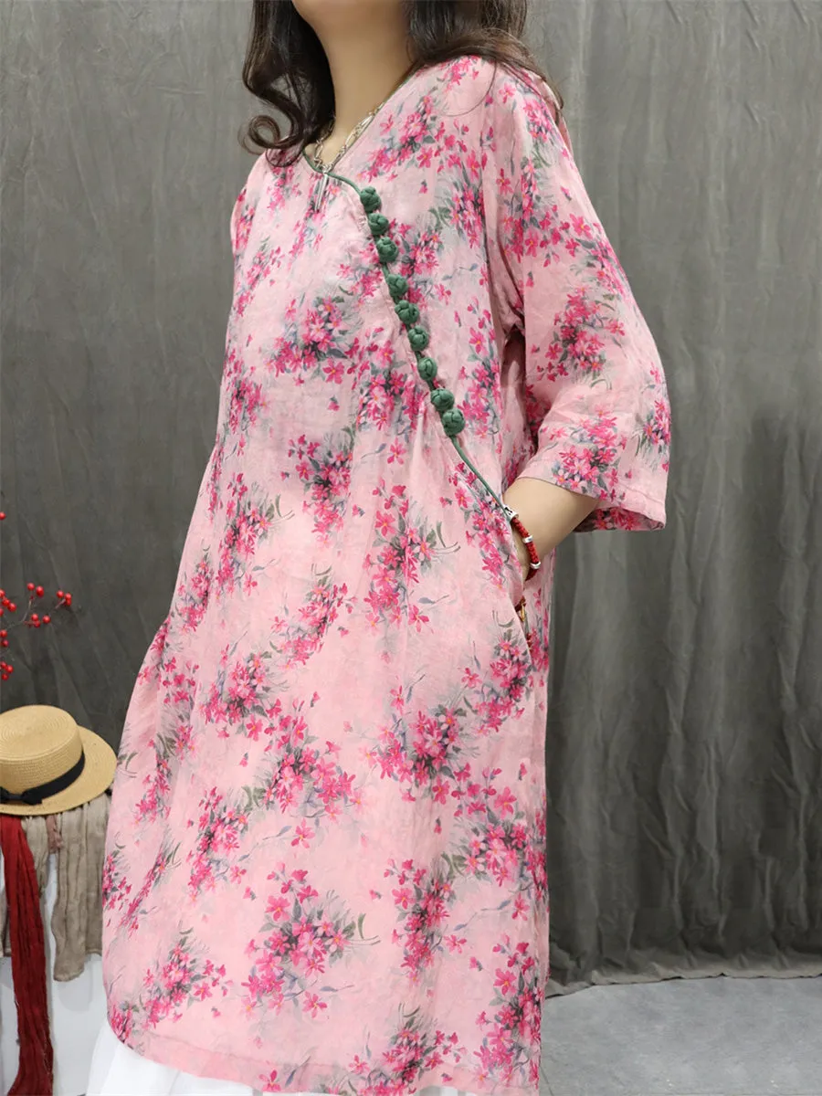 Women Summer Artsy V-Neck Flower 100%Ramie Shirt
