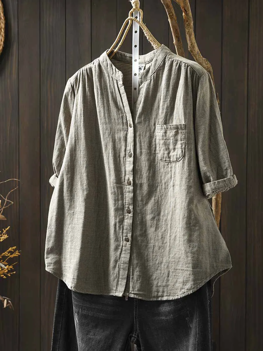 Women Summer Lattice V-Neck 100%Cotton Shirt