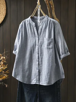 Women Summer Lattice V-Neck 100%Cotton Shirt