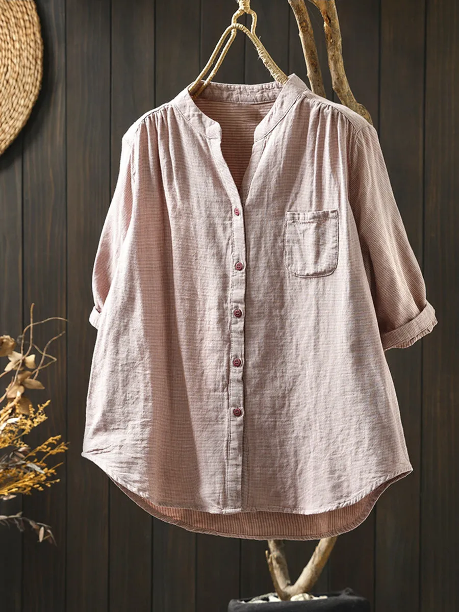Women Summer Lattice V-Neck 100%Cotton Shirt