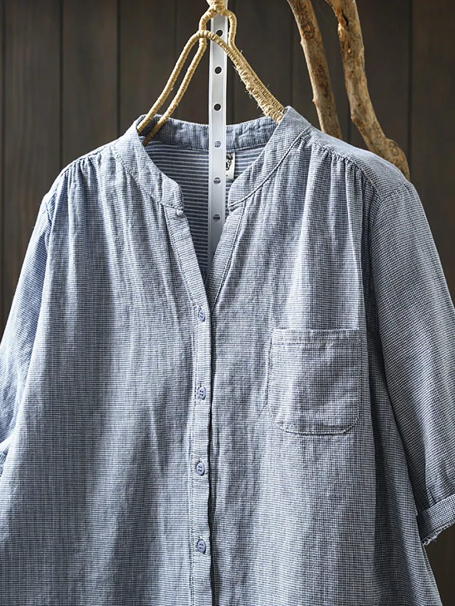 Women Summer Lattice V-Neck 100%Cotton Shirt