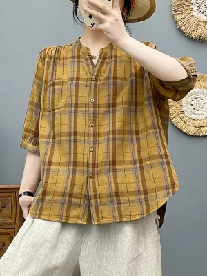 Women Summer Plaid V-Neck 100%Cotton Shirt