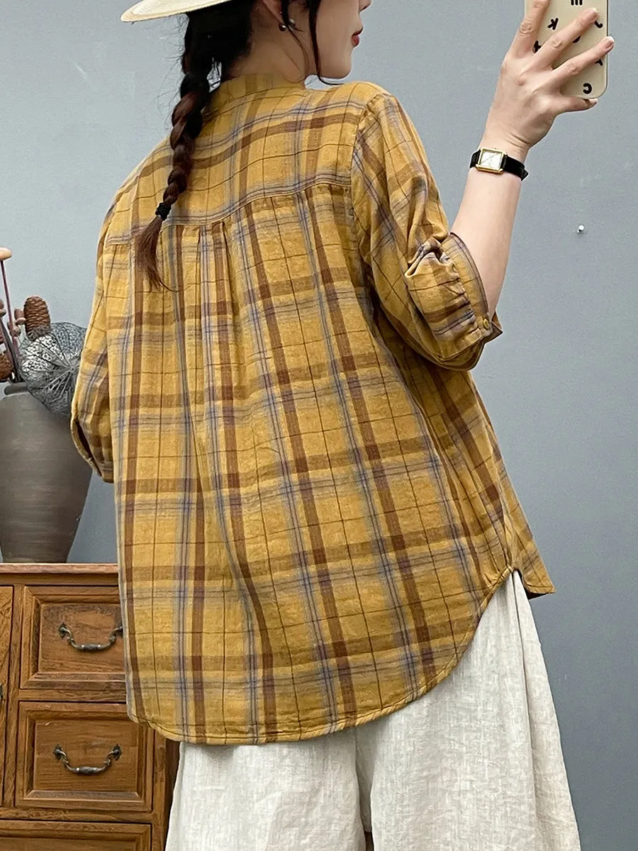 Women Summer Plaid V-Neck 100%Cotton Shirt
