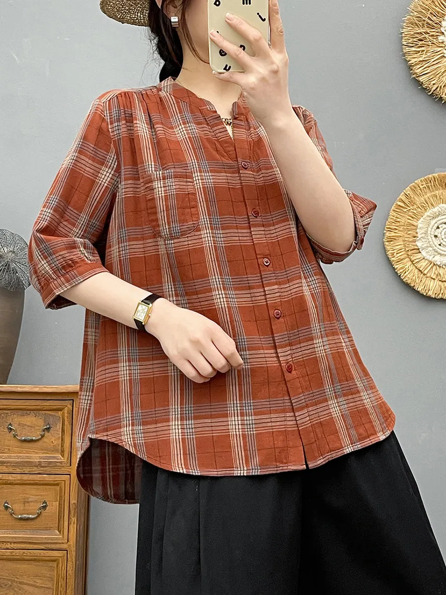 Women Summer Plaid V-Neck 100%Cotton Shirt