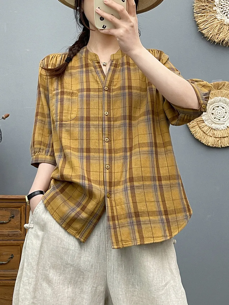 Women Summer Plaid V-Neck 100%Cotton Shirt