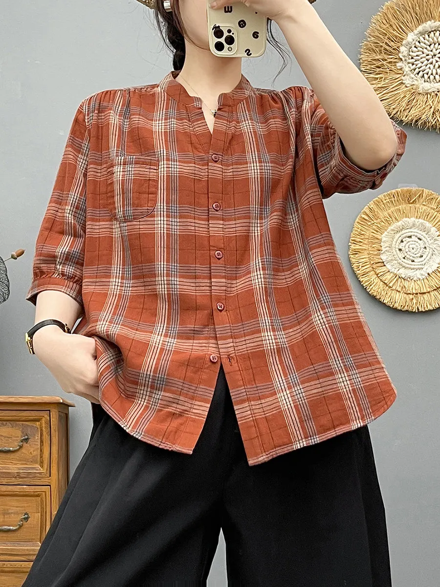 Women Summer Plaid V-Neck 100%Cotton Shirt