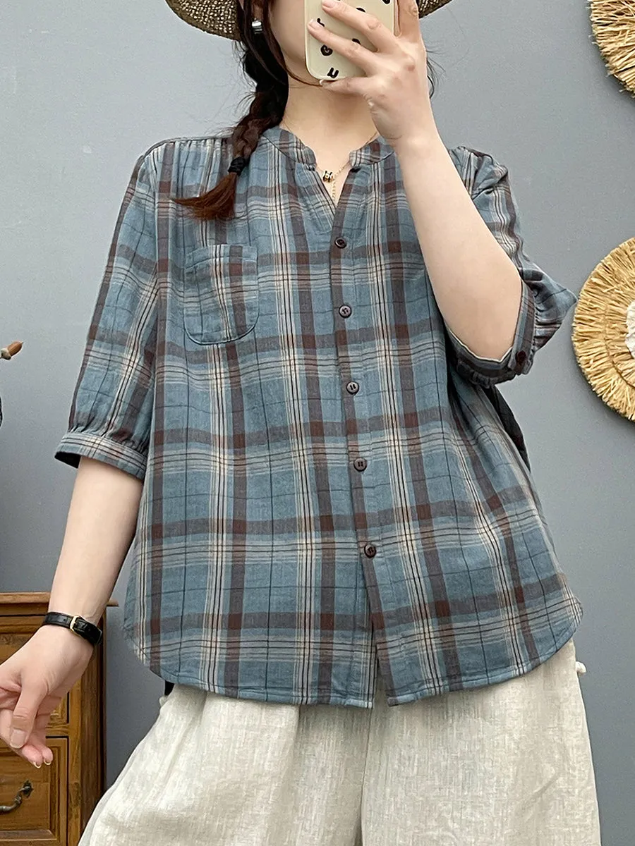 Women Summer Plaid V-Neck 100%Cotton Shirt