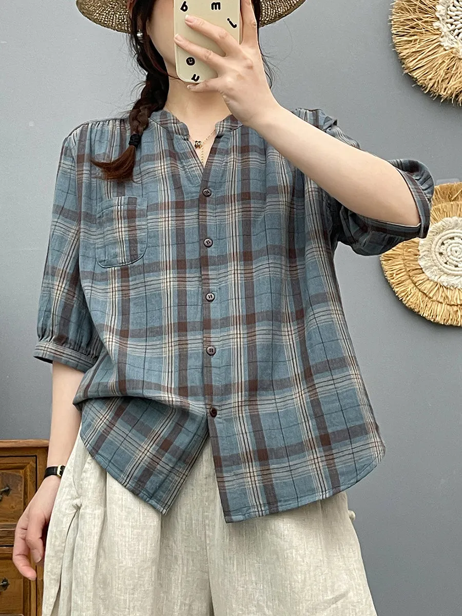 Women Summer Plaid V-Neck 100%Cotton Shirt