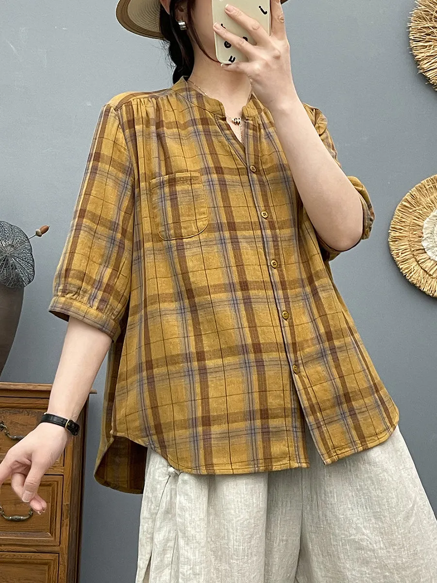 Women Summer Plaid V-Neck 100%Cotton Shirt