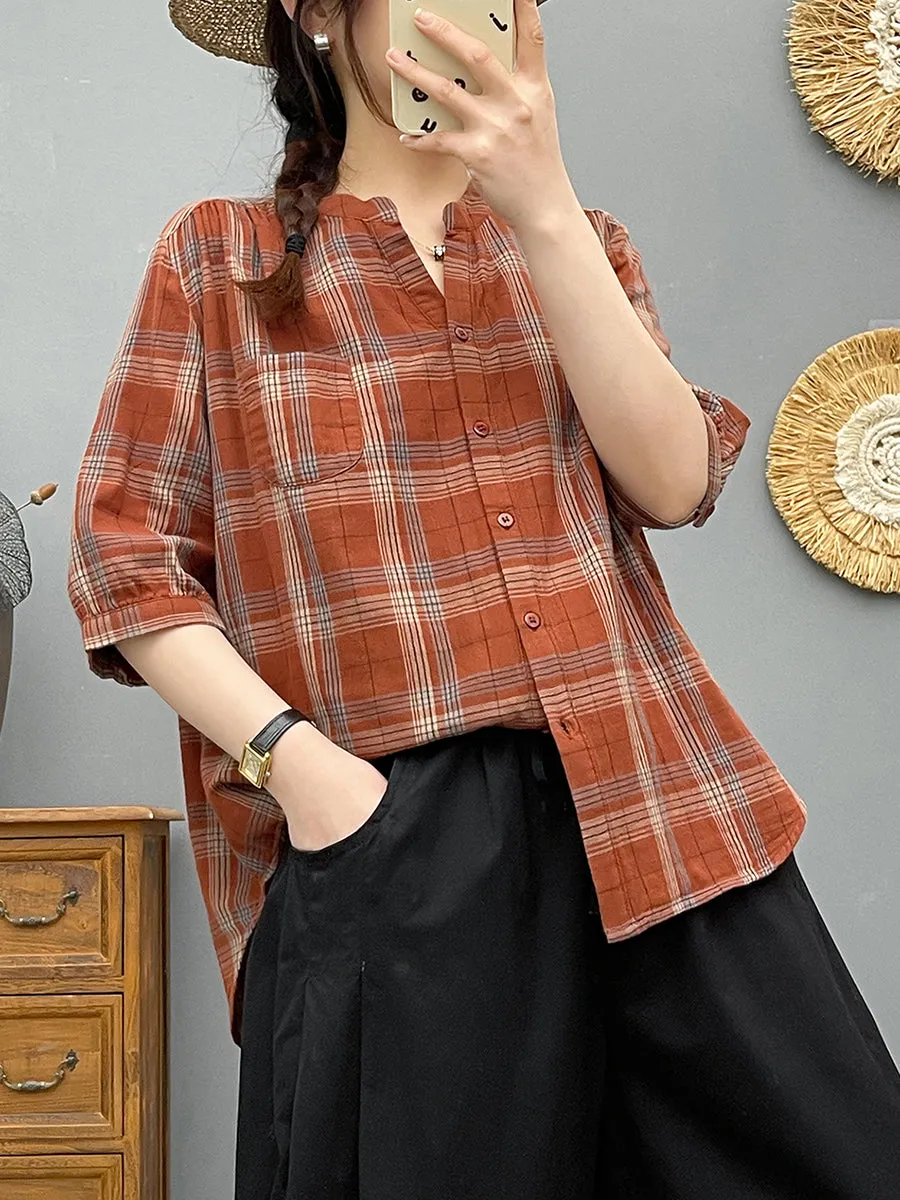 Women Summer Plaid V-Neck 100%Cotton Shirt