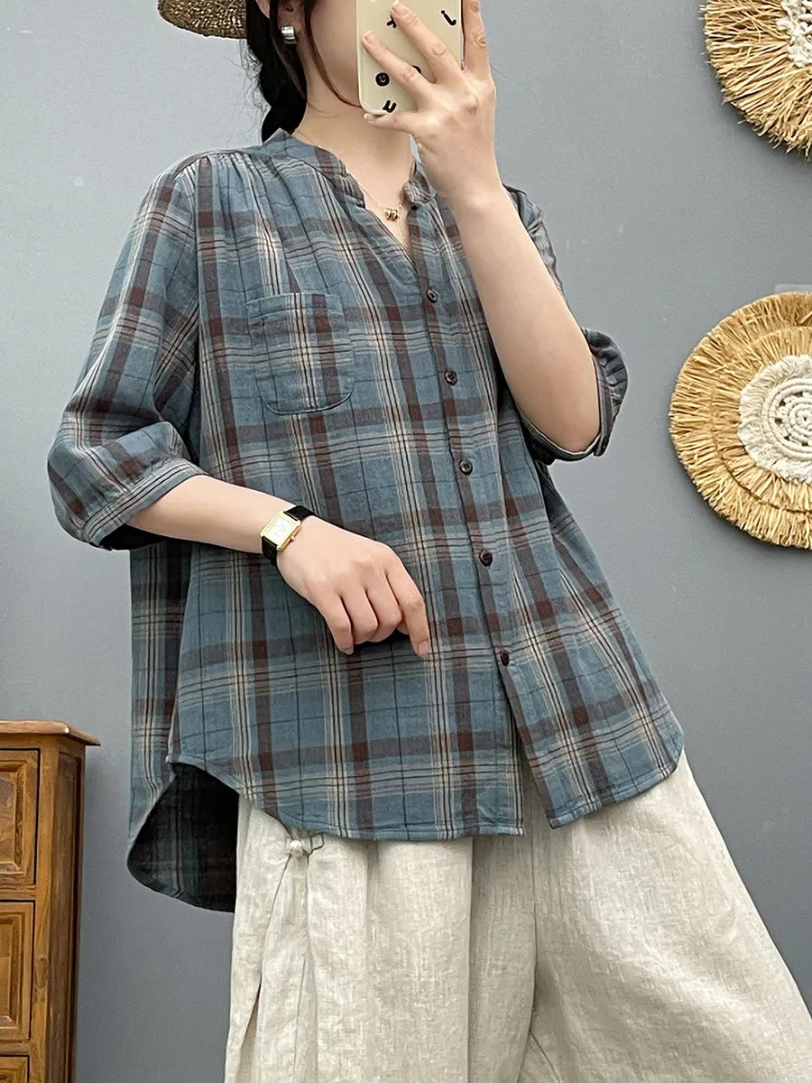 Women Summer Plaid V-Neck 100%Cotton Shirt