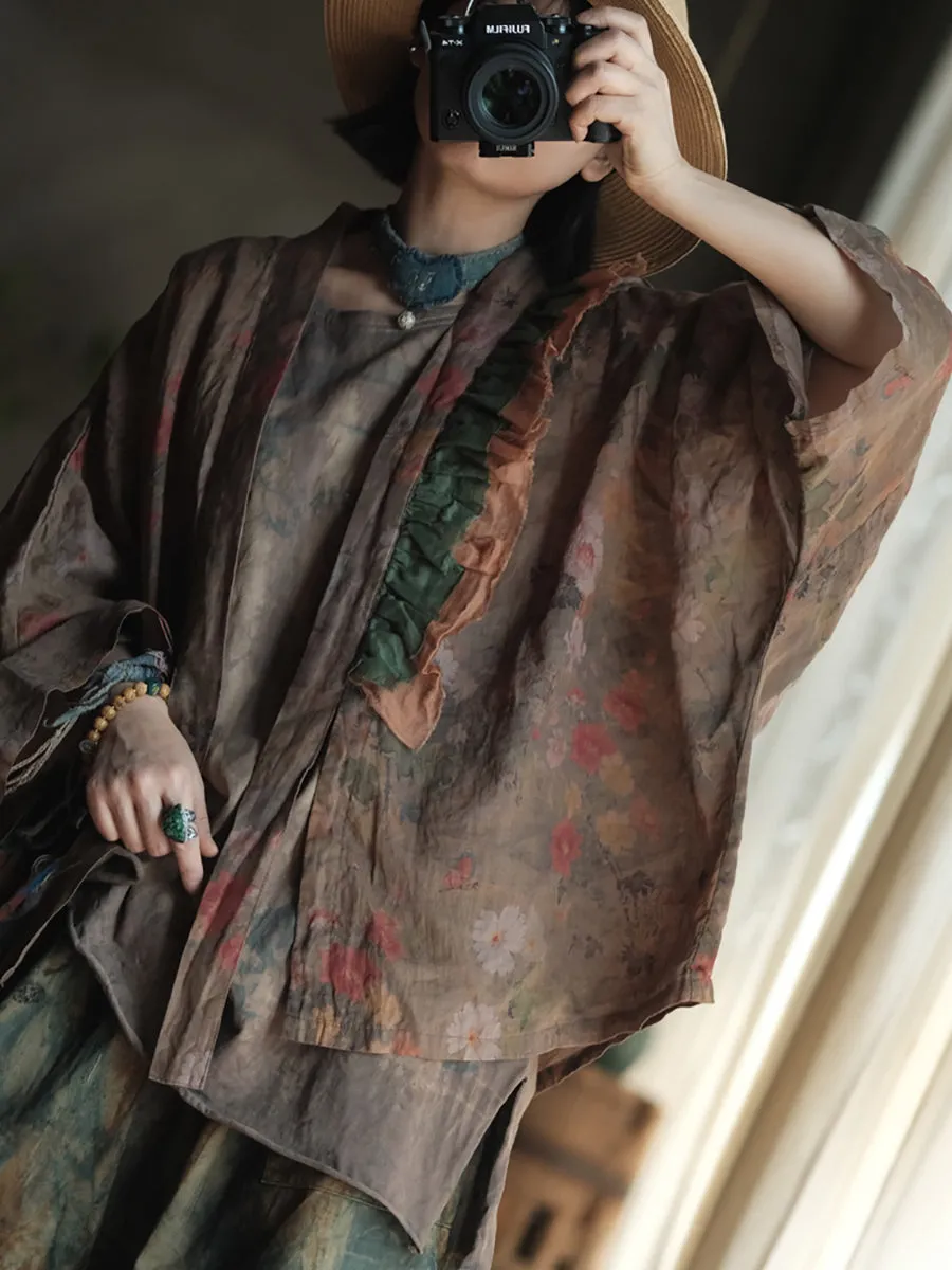 Women Summer Retro Flower Colorblock V-Neck Linen Shirt