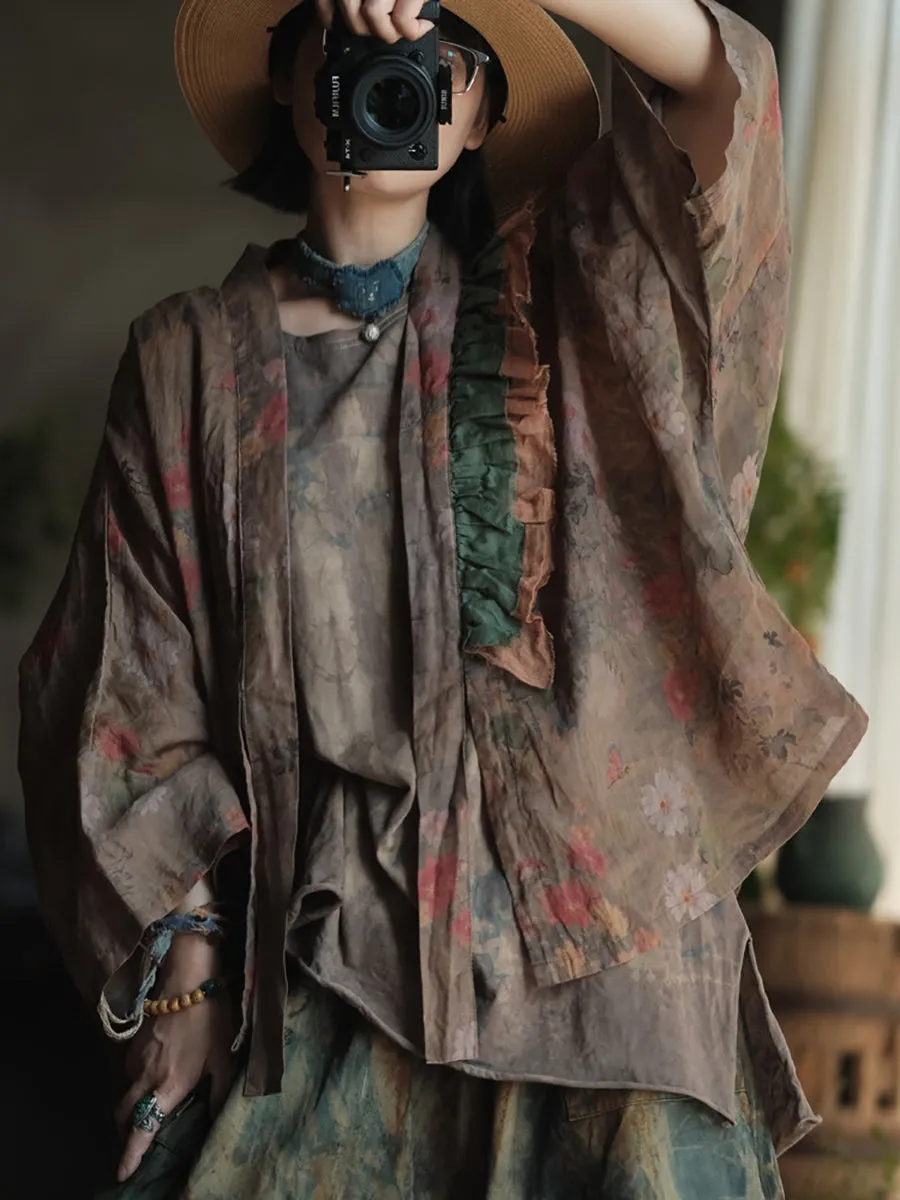 Women Summer Retro Flower Colorblock V-Neck Linen Shirt