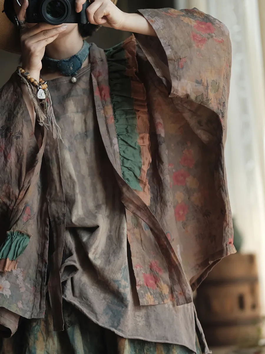 Women Summer Retro Flower Colorblock V-Neck Linen Shirt