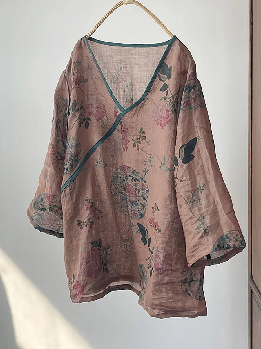 Women Summer Vintage Floral V-Neck Ramie Shirt