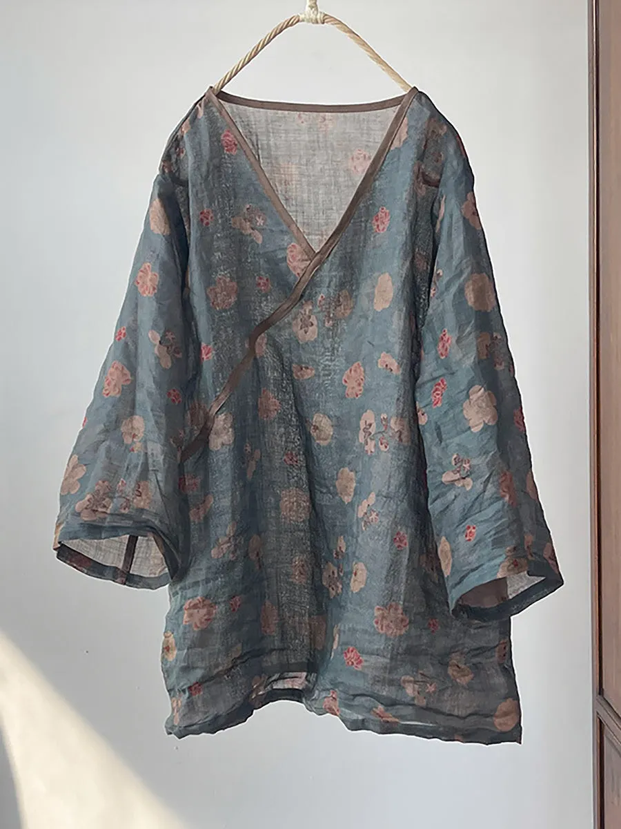 Women Summer Vintage Floral V-Neck Ramie Shirt