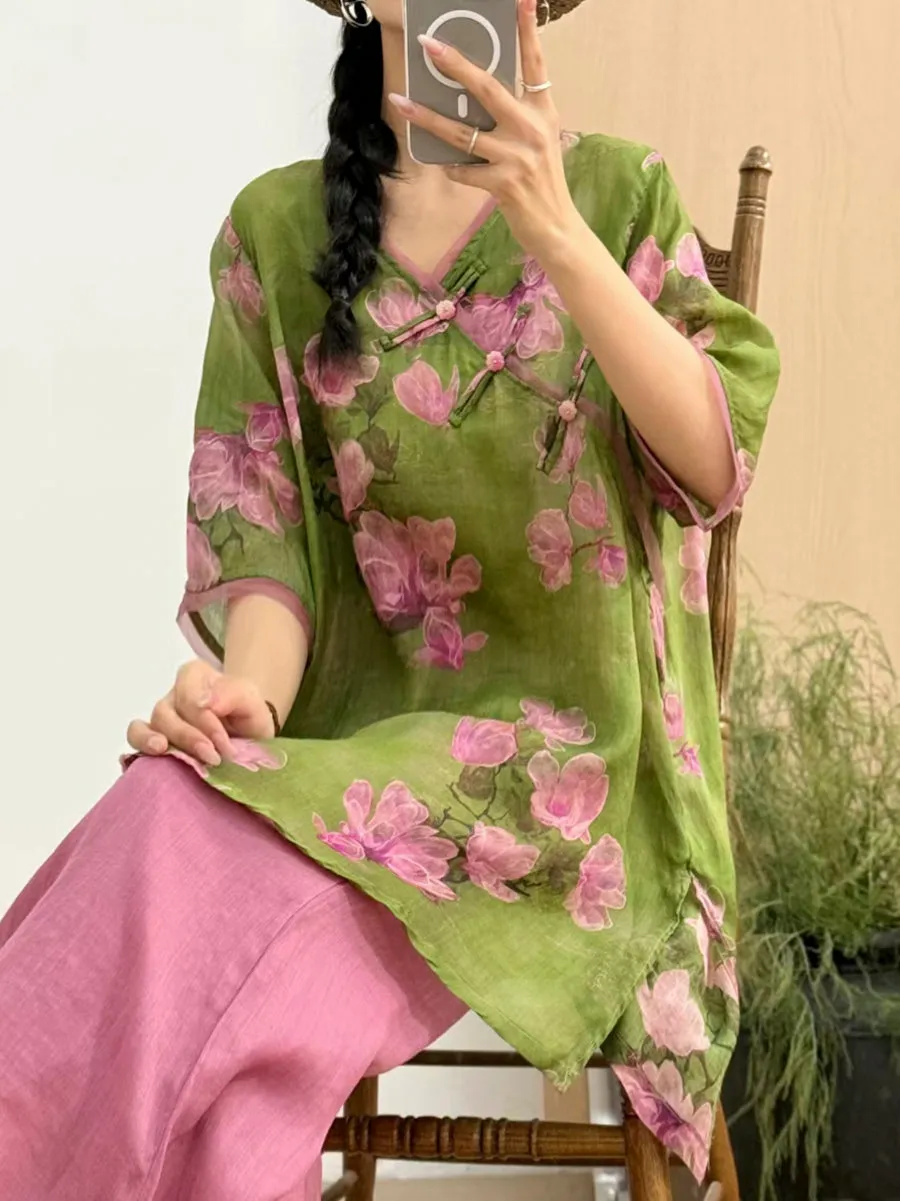 Women Summer Vintage Flower V-Neck 100%Ramie Shirt