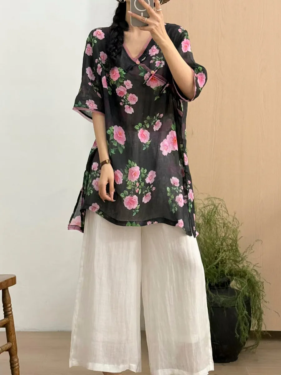 Women Summer Vintage Flower V-Neck 100%Ramie Shirt