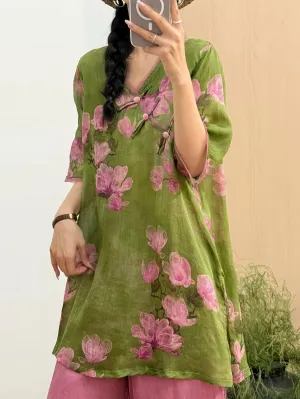 Women Summer Vintage Flower V-Neck 100%Ramie Shirt