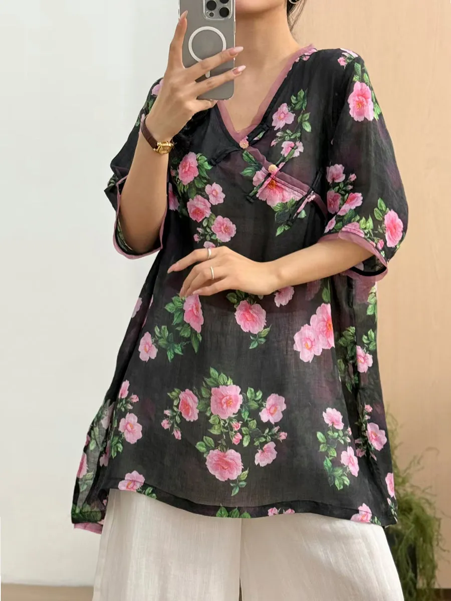 Women Summer Vintage Flower V-Neck 100%Ramie Shirt