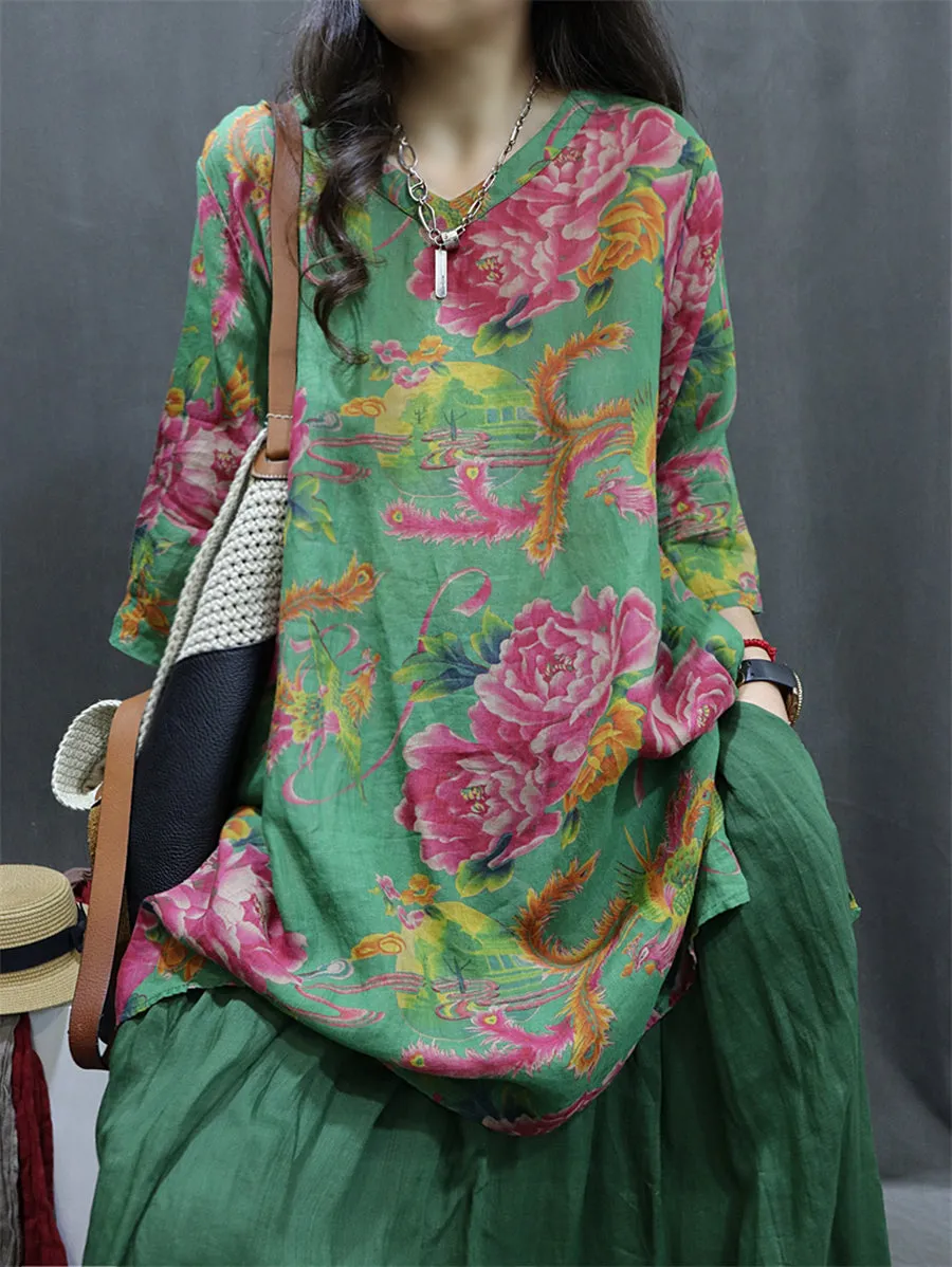 Women Summer Vintage V-Neck Flower 100%Ramie Shirt