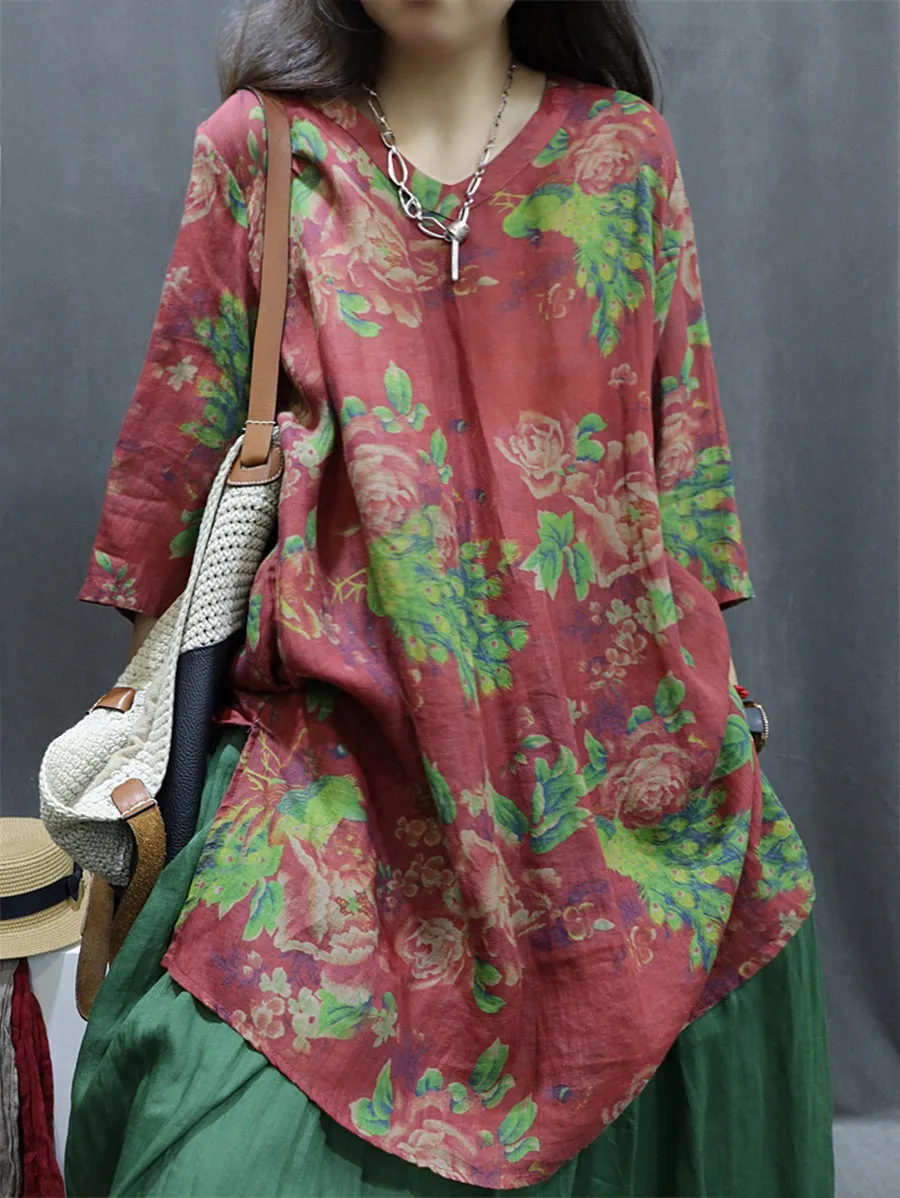 Women Summer Vintage V-Neck Flower 100%Ramie Shirt