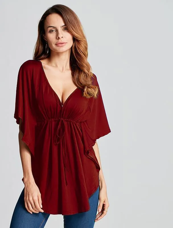 Women Trend Casual Loose V-neck Batwing Sleeve Tops Tee Solid Blouses Shirts Plus Size