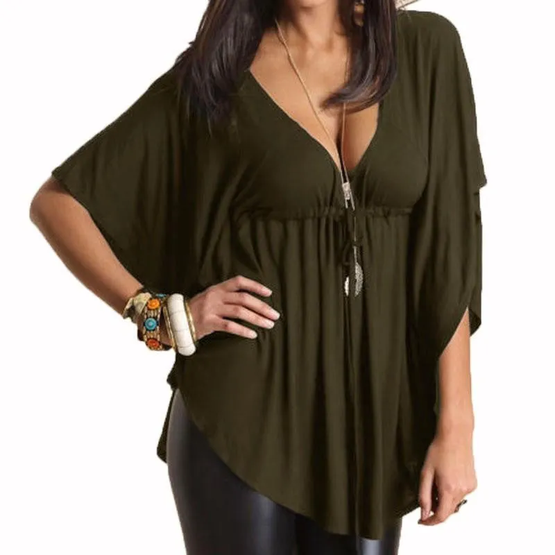 Women Trend Casual Loose V-neck Batwing Sleeve Tops Tee Solid Blouses Shirts Plus Size