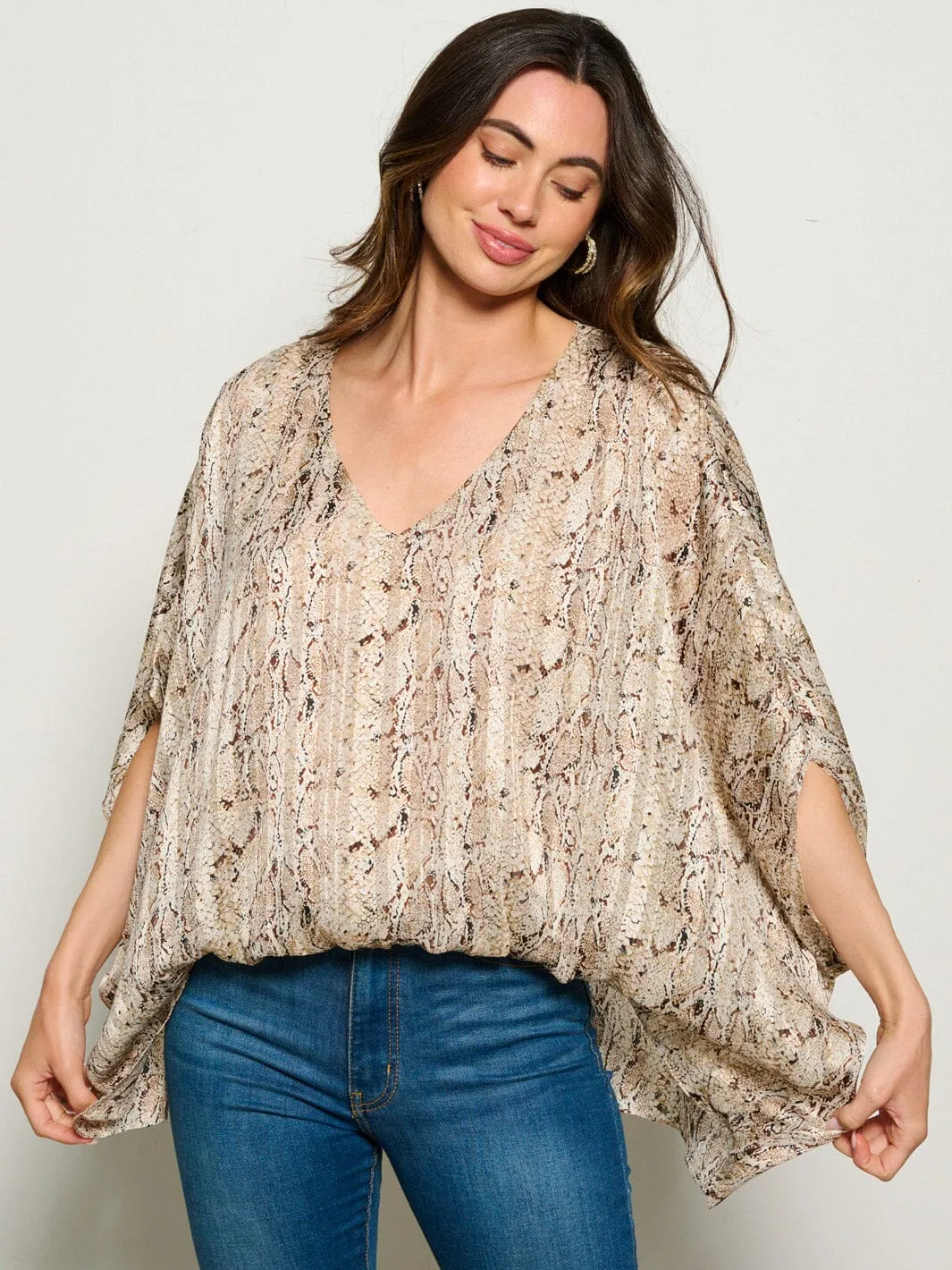 WOMEN'S 3/4 SLEEVE V-NECK HIGH-LOW ANIMAL PRINT BLOUSE TOP
