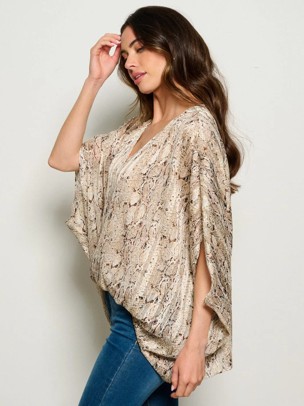 WOMEN'S 3/4 SLEEVE V-NECK HIGH-LOW ANIMAL PRINT BLOUSE TOP